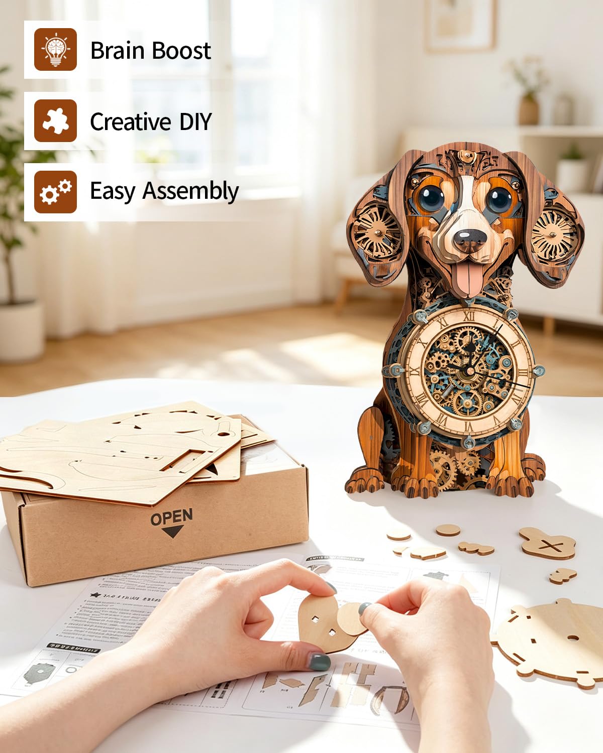 3D Wooden Puzzles for Adults, Dachshund Clock with Pendulum Model Kit, 3D Puzzles for Adults Room Home Decor DIY Wall Clock Kit, Holiday Birthday Christmas Day Gifts for Men Women Teens