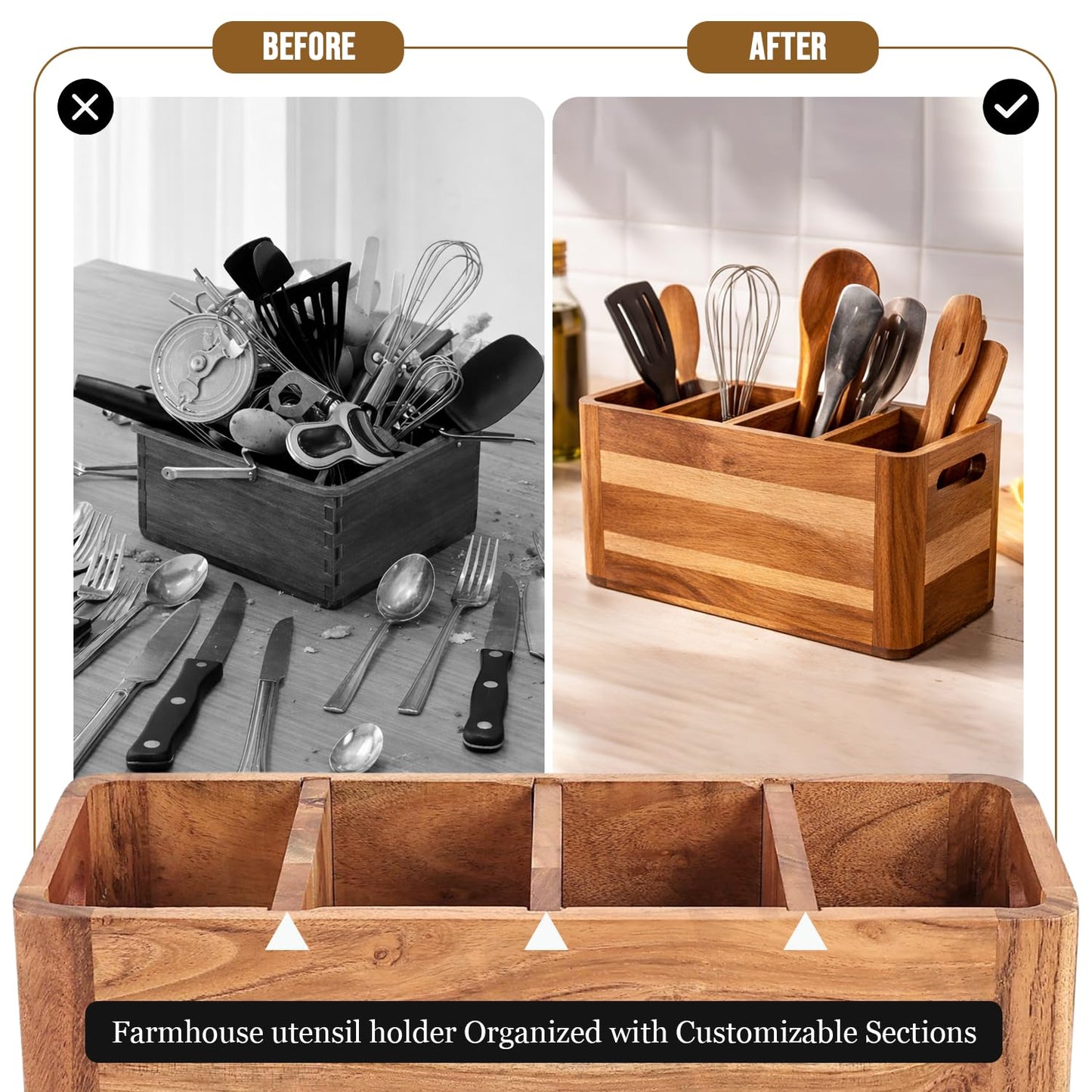 Paw-er Play Wooden Caddy Utensil Holder - Premium Acacia Wood Utensil Caddy with Sturdy Design for Easy Organization - Perfect Kitchen Utensil Organizer for Counters, Dining Tables, and Everyday Use