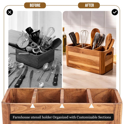 Paw-er Play Wooden Caddy Utensil Holder - Premium Acacia Wood Utensil Caddy with Sturdy Design for Easy Organization - Perfect Kitchen Utensil Organizer for Counters, Dining Tables, and Everyday Use
