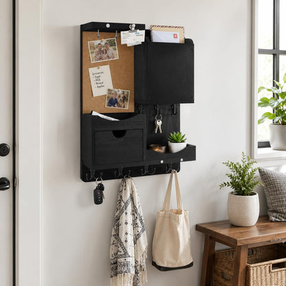 HEKOOLA Key Holder Wall Mount, Mail Organizer Key Holder for Wall with Shelf, Drawer, Chalkboard, Corkboard, Home Decor Mounted for Room Entryway (Black)