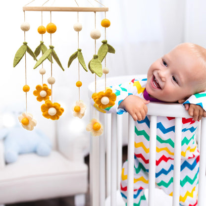 GLACIART ONE Baby Nursery Flower Mobile for Crib | Gender Neutral Mobile for Daisy Nursery Decor | Felt Hanging Leaves & Daisy Flowers Room Decorations Handmade from Natural Wool | Great Gift Idea
