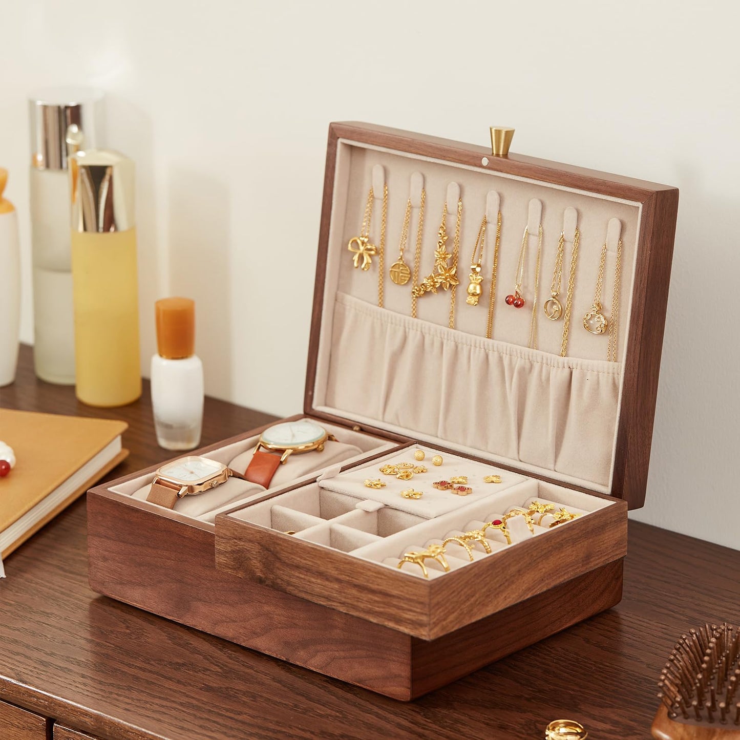 CHOSIN Black Walnut Wooden Jewelry Box for Women 2 Layer Jewelry Organizer with Removable Tray for Watches Rings Earrings Necklace Bracelets Storage, Ideal Gift for She, Fathers Day Gift