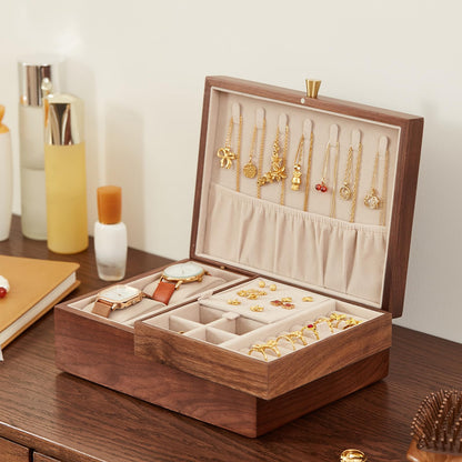 CHOSIN Black Walnut Wooden Jewelry Box for Women 2 Layer Jewelry Organizer with Removable Tray for Watches Rings Earrings Necklace Bracelets Storage, Ideal Gift for She, Fathers Day Gift