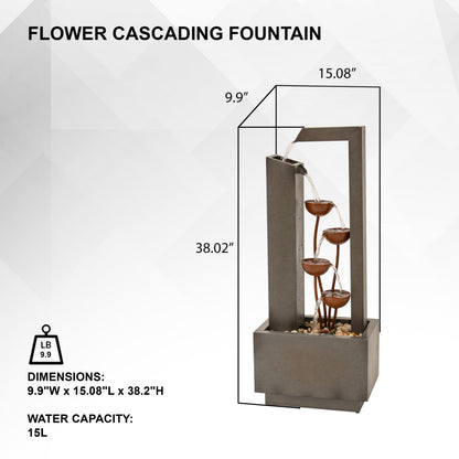 XBrand 38-Inch Freestanding Sculptural Metal Multi-Tier Flower Water Fountain, Gray and Bronze