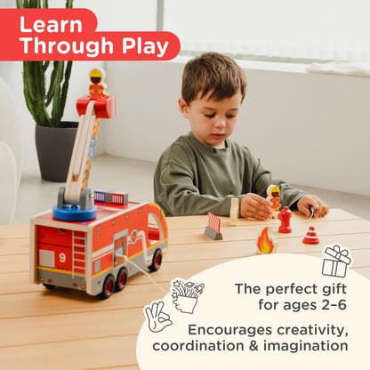 Nene Toys Wooden Fire Truck Toy Set – FSC Fire Engine with Rotating Ladder, Magnetic Hose, Hydrant, 3 Firefighters, Dalmatian & Accessories – Durable Wood Truck Toy for Kids 2+