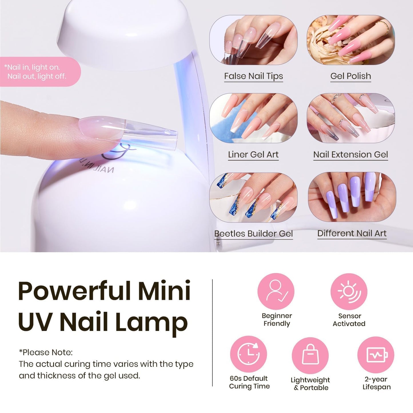 Beetles Tipex Instant Apex Nail Tips Kit, Coffin Long 224Pcs 16 Sizes Pre-Building & Pre-Etched Thicker Acrylic Nails False Nail Extension with Tipex Nail Glue Mini Nail Lamp