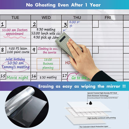 Dry Erase Monthly Extra Large White Board Calendar for Wall, 38" by 50", Jumbo Laminated Erasable One Month Whiteboard Calendar, Huge Oversized Blank 30-Day Poster with Lines and Squares