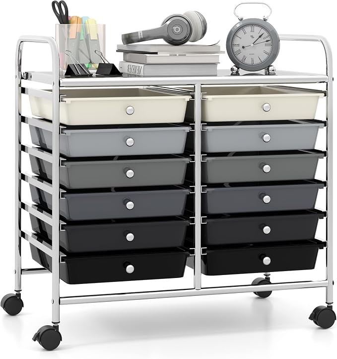 Giantex 12 Drawers Rolling Cart, Mobile Storage Drawer Cart, Classroom Organizer Cart for Office School Supplies Tools Scrapbook Paper Craft Small Printer, Utility Cart on Wheels, Black Gradient