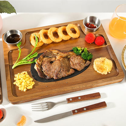 HALE OTEIR Acacia Wood Steak Plates - Steak Plate Cutting Board 2 Sauce Cups for Meat Cheese Appetizers, Wood Serving Board, Charcuterie Board Platter Perfect for Housewarming, Christmas, Mother's Day
