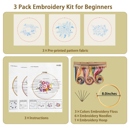 Gmakto Embroidery Kits for Beginners,3 Sets Beginner Embroidery Kit for Adults,Including 3Pcs Embroidery Cloths with Floral Pattern, 1 Pcs Plastic Embroidery Hoops, 3Pcs User Manual(Flower)