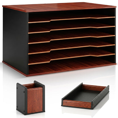 DL Davis lorence Wooden Paper Organizer 20.25"W x 12.25"H x 13.25"D, 6-Tier Storage for 12"x18" & 11"x17" Sheets, Includes Matching Pen Holder & Tray, Ideal for Office, Home, Art Room and Classroom