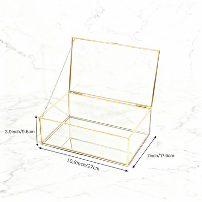 Feyarl Gold Glass Wedding Cards Display Box Keepsake Memory Photo Box Jewelry Trinket Rings Earrings Organizer Display Makeup Holder for Home Decor Wedding Engagement (10.8 x 7 x 3.9inch)
