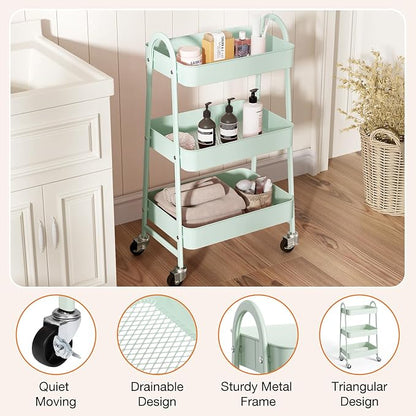 NEWBULIG 3-Tier Metal Rolling Cart with Lockable Wheels, Heavy Duty Mobile Utility Storage Shelf, Roller Book Snack Cart, Organization for Livingroom, Bathroom, Office, Green