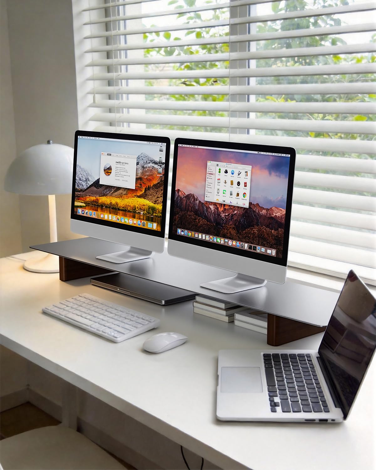 CHENOMiNL Aluminum Dual Monitor Stand Riser, Ergonomic Desktop Shelf with Wooden Legs - 42.5” Wide Heavy Duty Computer Stand for Home Office, Desktop Monitor Riser for PC, iMac, MacBook, Laptop