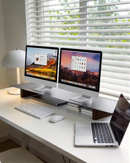 CHENOMiNL Aluminum Dual Monitor Stand Riser, Ergonomic Desktop Shelf with Wooden Legs - 42.5” Wide Heavy Duty Computer Stand for Home Office, Desktop Monitor Riser for PC, iMac, MacBook, Laptop