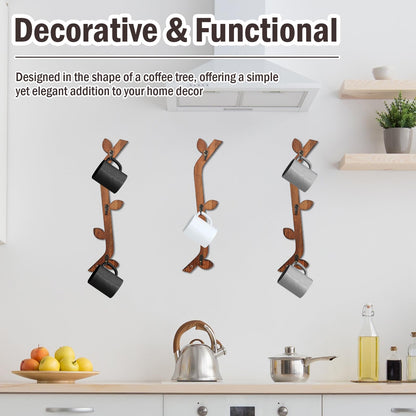 MSHUNKEJI 3 Pack Wood Coffee Mug Wall Rack with 9 Hooks Wall Mount Coffee Cup Holder Wooden Espresso Cup Holder Tree Brown Mug Stand Display Wall Mounted Cup Drying Rack for Kitchen Cafe