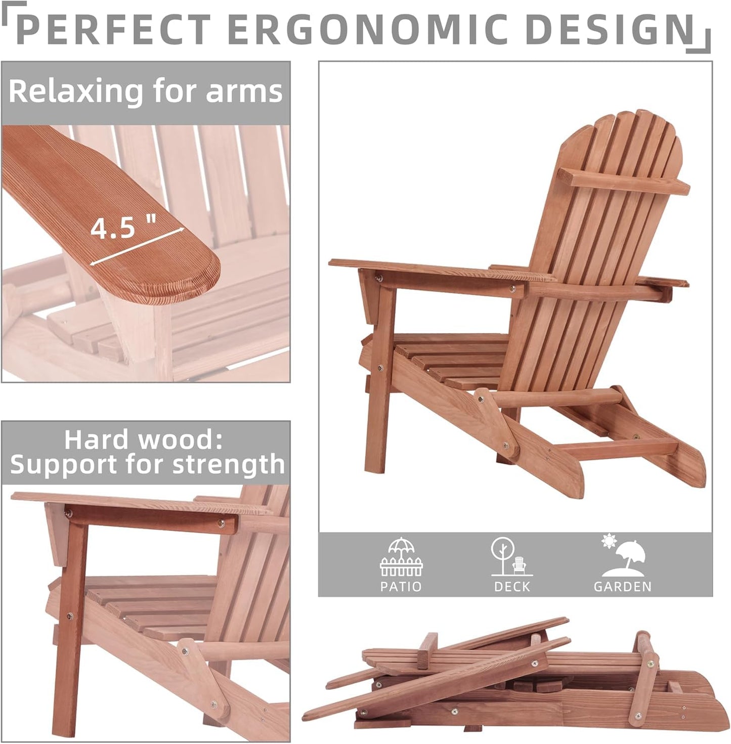 SoliWood Outdoor Wooden Folding Adirondack Chair Set of 2 with Pre-Assembled BackRest, Wood Patio Chair for Garden Backyard Porch Pool Deck Firepit