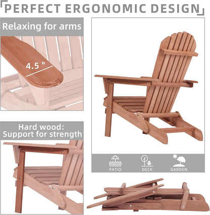 SoliWood Outdoor Wooden Folding Adirondack Chair Set of 2 with Pre-Assembled BackRest, Wood Patio Chair for Garden Backyard Porch Pool Deck Firepit