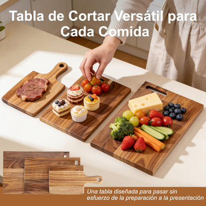 Acacia Wood Cutting Board Set of 3 with Stand – Kitchen & Charcuterie Serving Boards, Multi-Size Wooden Chopping Boards for Meat, Veggies & Fruit, Easy Clean & Space-Saving Display