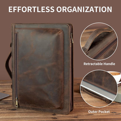 Handmade Vintage Crazy Horse Leather Portfolio,Business Organizer Padfolio with Handle, for iPad Pro/Microsoft Surface Pro/13 inch Tablet, Dark Khaki