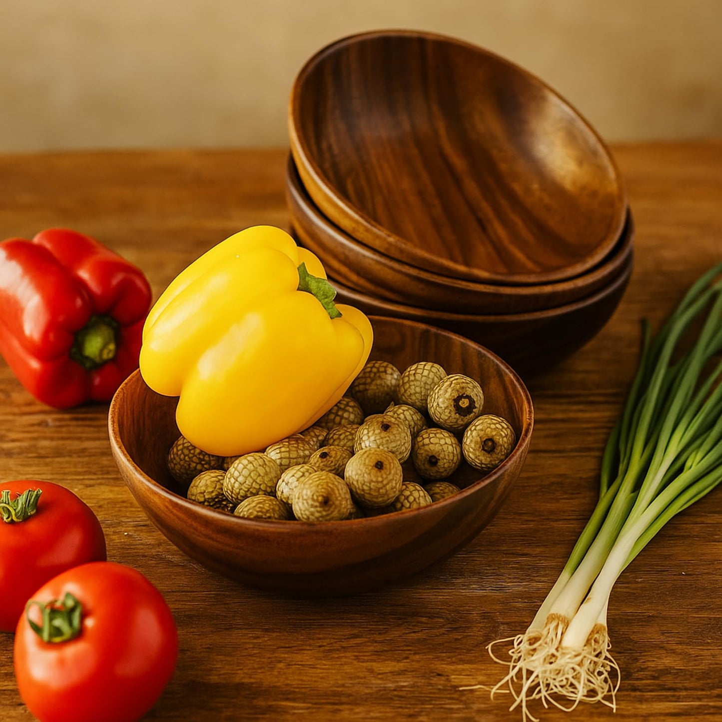 WRIGHTMART Wooden Bowls for Food Set of 4, 7 Inch Solid Acacia Wood Bowls, Joint-Free Wooden Salad Bowls, Non Laminated Handmade Bowls for Cereal, Fruit & Pasta