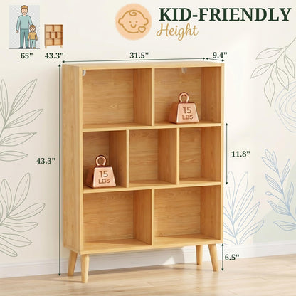 SageNest 7 Cube Bookshelf, 3 Tier Mid-Century Modern Bookcase with Wooden Legs, Heavy Duty Cubby Storage Organizer Display Shelf for Living Room, Bedroom & Office, Deep Natural