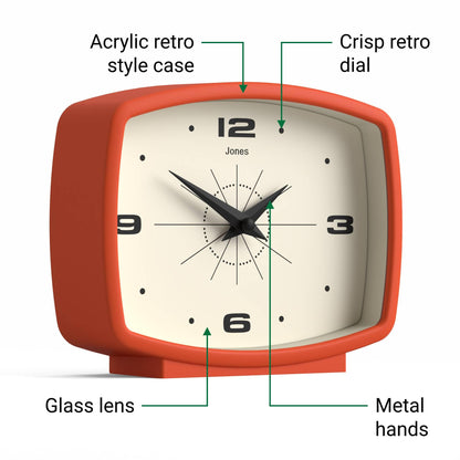 JONES CLOCKS® Film Desk Clock | Retro Rectangular Design | Orange | Retro Design, Blending mid-Century Style with a Punchy Modern Finish for Shelf, Table, Mantel or Bedside