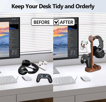 Controller Holder with Headphone Stand - Wood Gaming Controller Stand for Xbox PS5 PS4 Switch Pro, PC Gaming Accessories - Present Idea for Husband, Boyfriend, Gamers, Game Lover, Game Room Decor