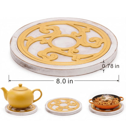 Wood Trivets for Hot Pots and Pans - 1pc, 8 Inch Boho Kitchen Decor, White Washed Wooden Trivets for Hot Dishes, Heat Resistant Hot Pads for Kitchen Counter & Table Protector from Hot Pans