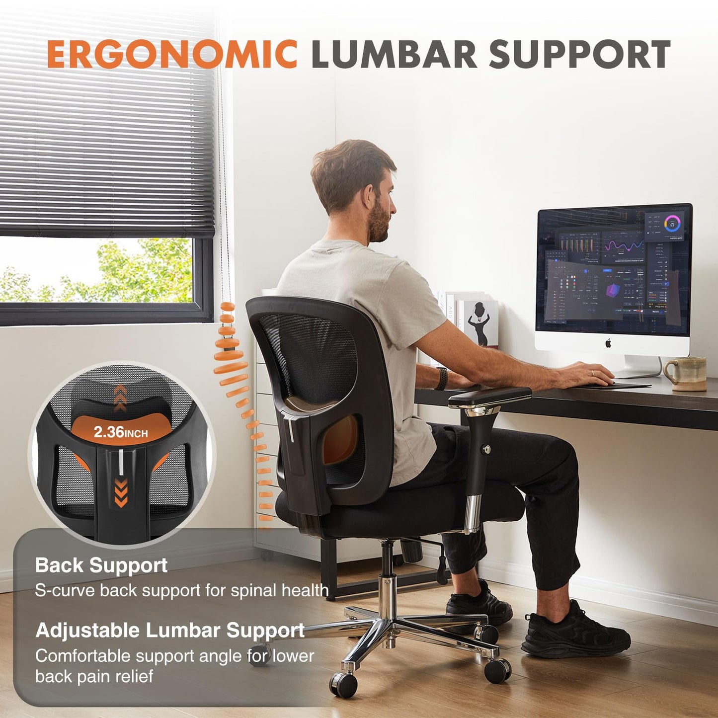 Sweetcrispy Ergonomic 500lbs Wide Heavy Duty Big and Tall Home Office Chair with Adjustable Lumbar Support and Wheels, 3D Armrest, for Adults