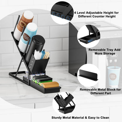 ZDDLOINP Cup and Lid Holder with Straw Organizer Coffee Station Organizer, Metal Cup Dispenser 5 Compartment Coffee Cup Holder for Coffee Bar Accessories, Disposable Paper Cups, Plastic Cups, Lids