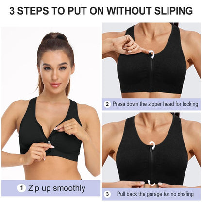 Women's Zip Front Sports Bra Wireless Post-Surgery Bra Racerback Yoga Sports Bras Post Breast Augmentation Bras Workout Running Compression Bras 3 Pack (X-Large, 3 Pack(Black+Flesh+Light Purple))