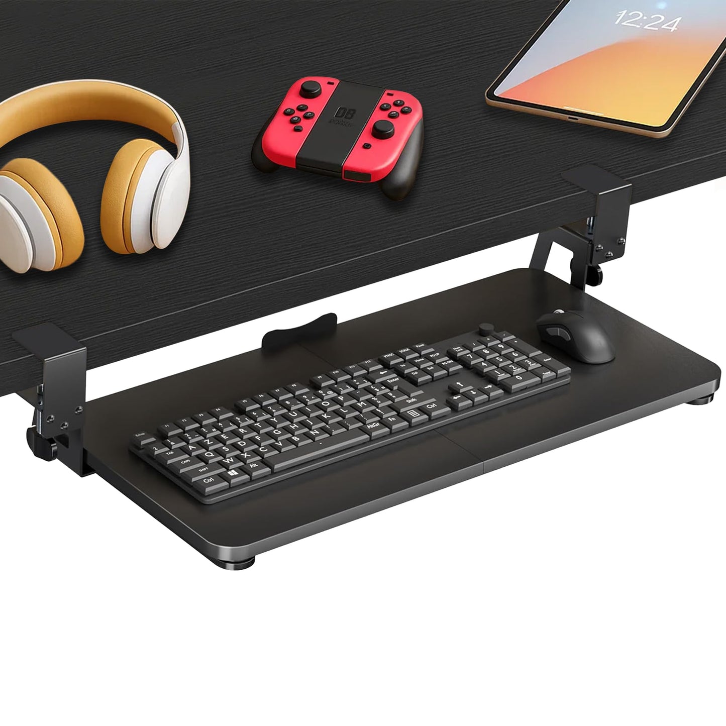 Under Desk Keyboard Tray Slide Out, 25 x 9.8 Inch Clamp-On Pull Out Drawer with Mouse Space, Ergonomic Keyboard Holder for Comfortable Typing at Home and Office