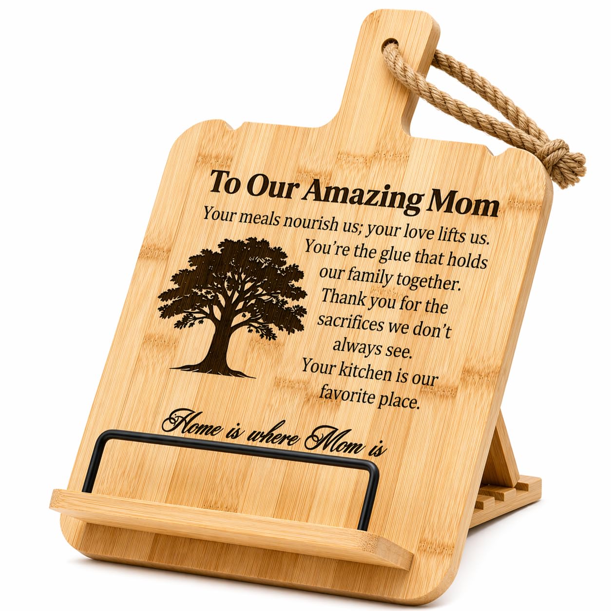 Bamboo Cookbook Stand for Kitchen Counter, Wooden Recipe Book Holder with 4 Adjustable Angles, Space-Saving Wall Mount Tablet Stand, Personalized Mothers Day Gifts for Mom