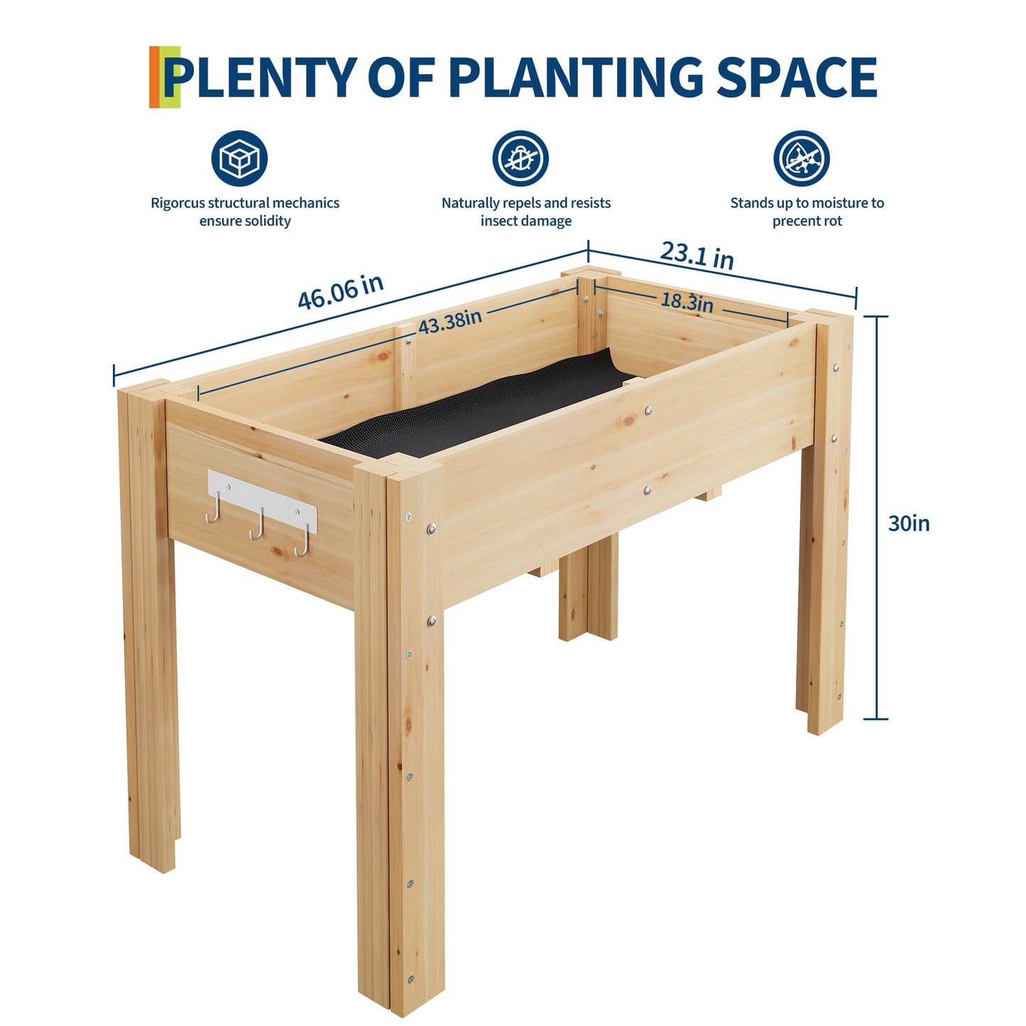 48x24x30IN Wooden Raised Garden Bed with Legs, Elevated Reinforced Large Planter Box for Vegetable Flower Herb Outdoor, Standing Growing Bed for Gardening/Backyard/Patio/Balcony, Liner Included