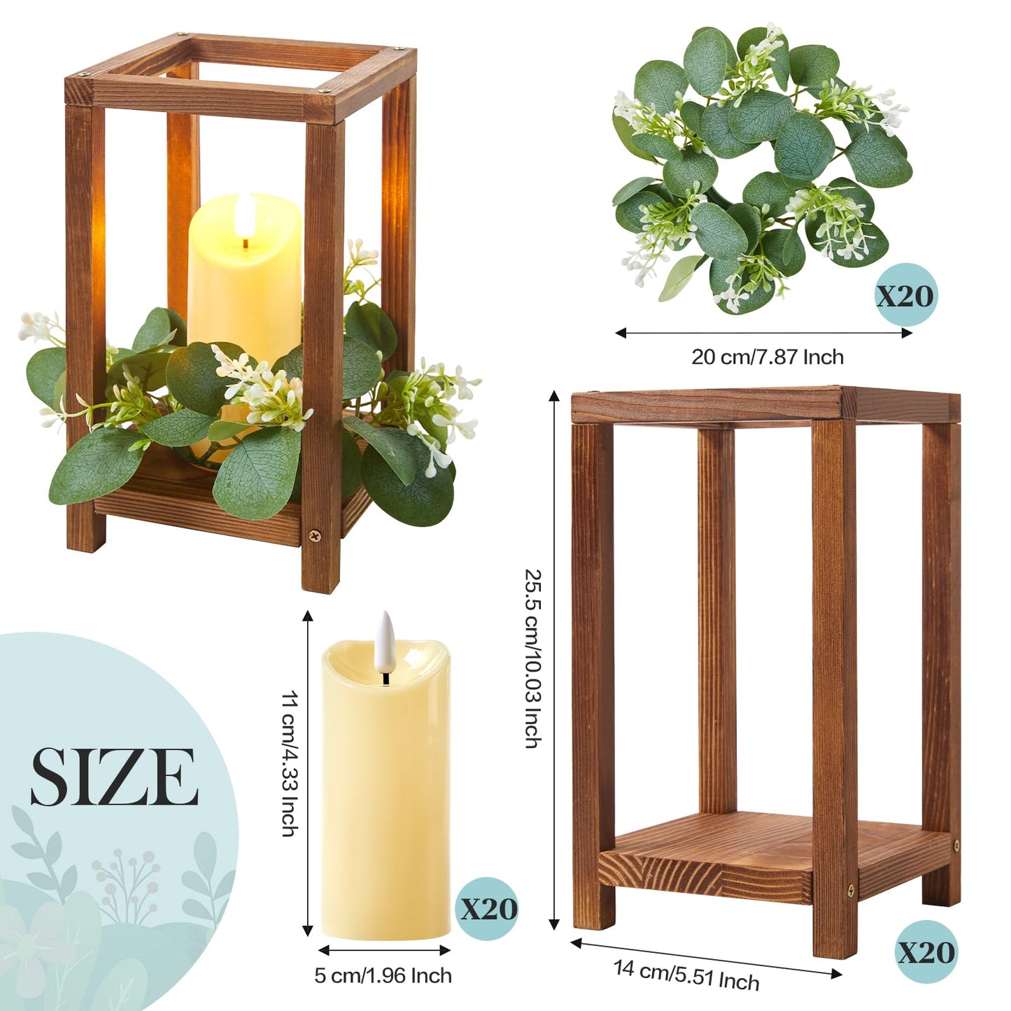Tristcily 60 Pcs/20 Set Wooden Wedding Lantern Centerpiece,Wooden Centerpieces for Tables-with 20 Holders 20 Candles 20 Wreaths for Rustic Table Decoration Country Barn Wedding Party (Brown)