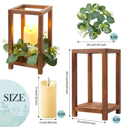 Tristcily 60 Pcs/20 Set Wooden Wedding Lantern Centerpiece,Wooden Centerpieces for Tables-with 20 Holders 20 Candles 20 Wreaths for Rustic Table Decoration Country Barn Wedding Party (Brown)