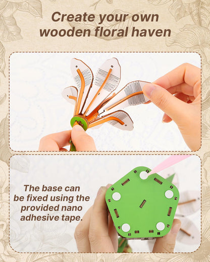 KAAYEE 3D Flower Wooden Puzzles for Adults, 70 PCS Wood Lily DIY Craft Kit Brain Teaser Creative Gift for Puzzle Lovers Home Decors Fake Flowers for Table, Desk, Office