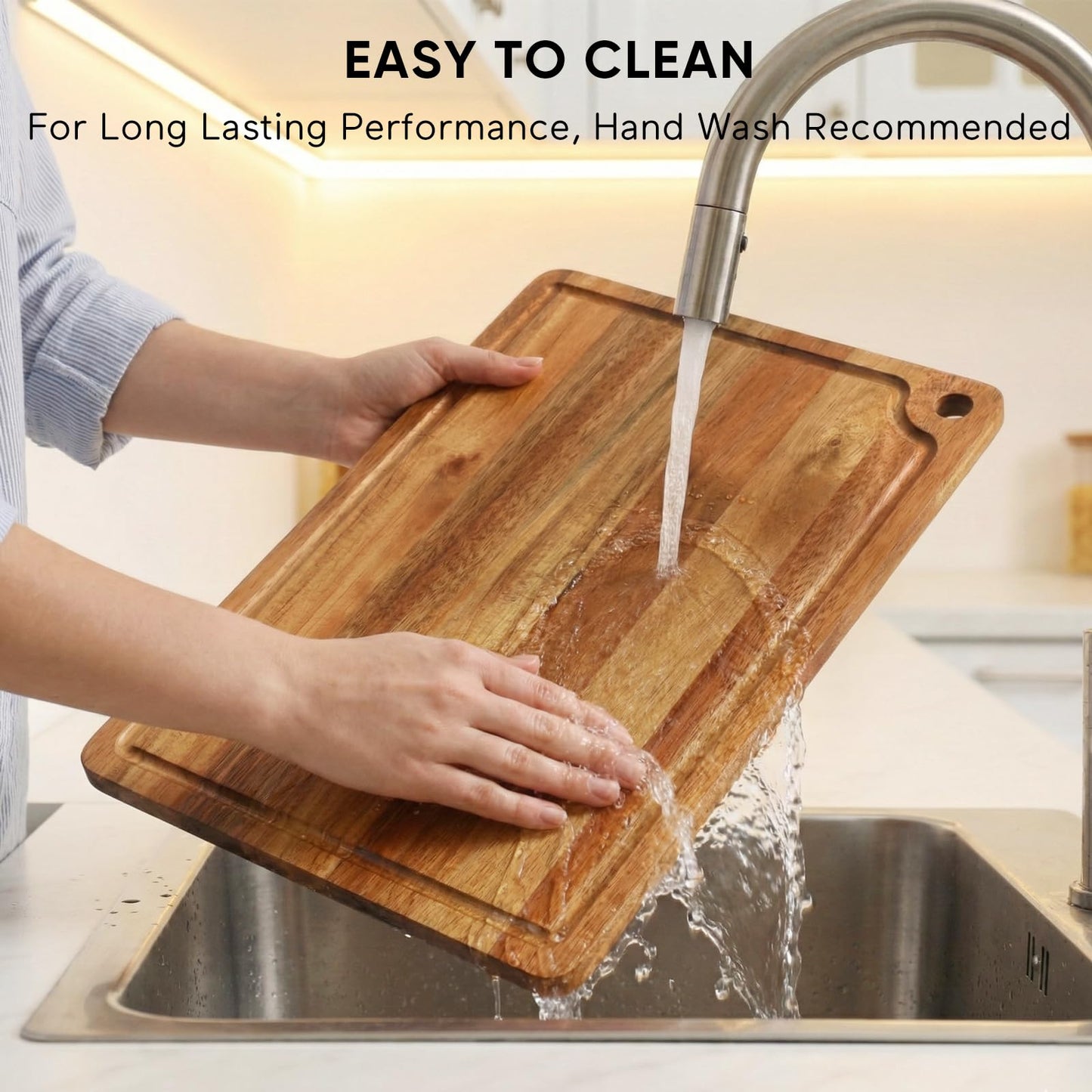 Acacia Wood Cutting Board Set of 2 with Storage Stand,Wooden Chopping Boards with Drying Holder， Deep Juice Grooves & Hanging Holes, Reversible Charcuterie Boards, Housewarming Gift