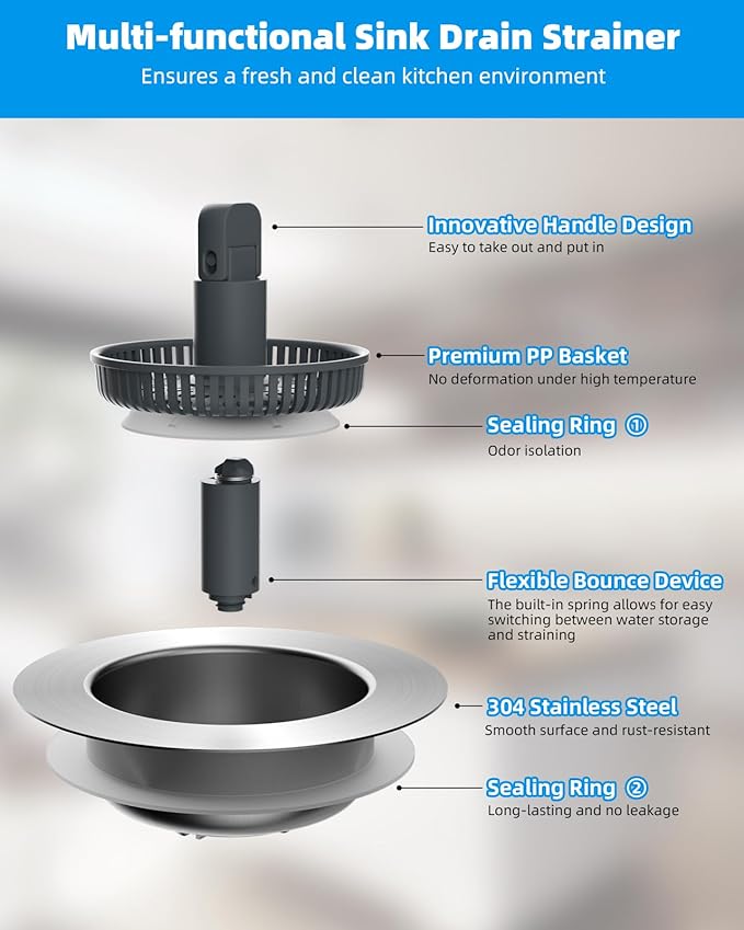 Hibbent Upgraded 2 Pack 3 in 1 Kitchen Sink Drain Strainer and Stopper Combo