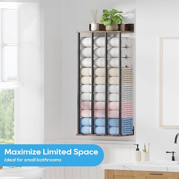 Towel Racks for Bathroom Wall Mounted, Updated 4 Bar Wall Towel Holder | Large Bathroom Towel Storage Rack for Rolled Towels, Vintage Metal Towel Organizer Shelf with Wooden Storage Shelf