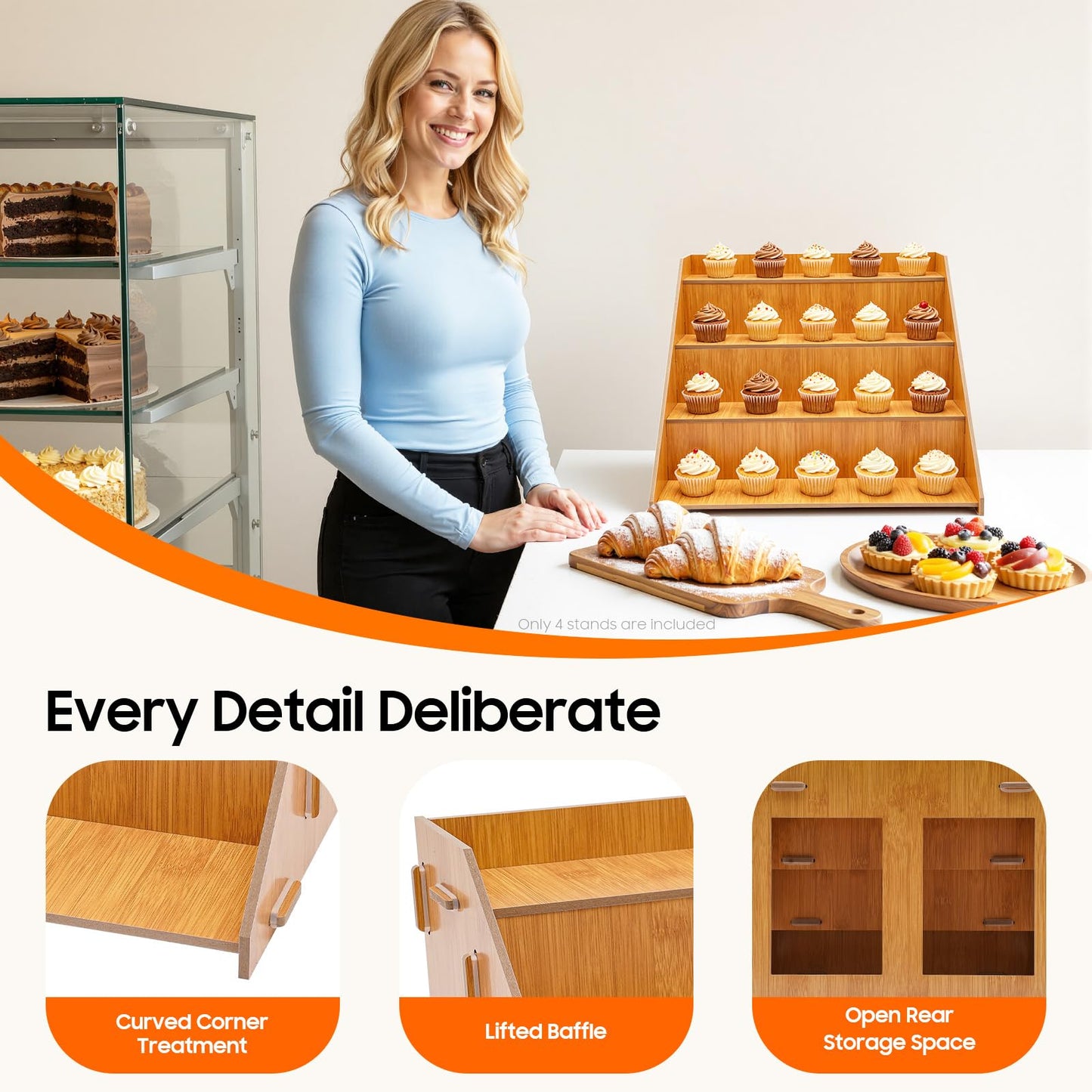 YUASDUU 4PCS Retail Display Rack, 4-tier Wooden Farmers Market Display Rack Cupcake Tabletop Display Stand Rustic Craft Fair Display Riser Portable Riser for Vendor Candle Cupcakes Jewelry Tumblers