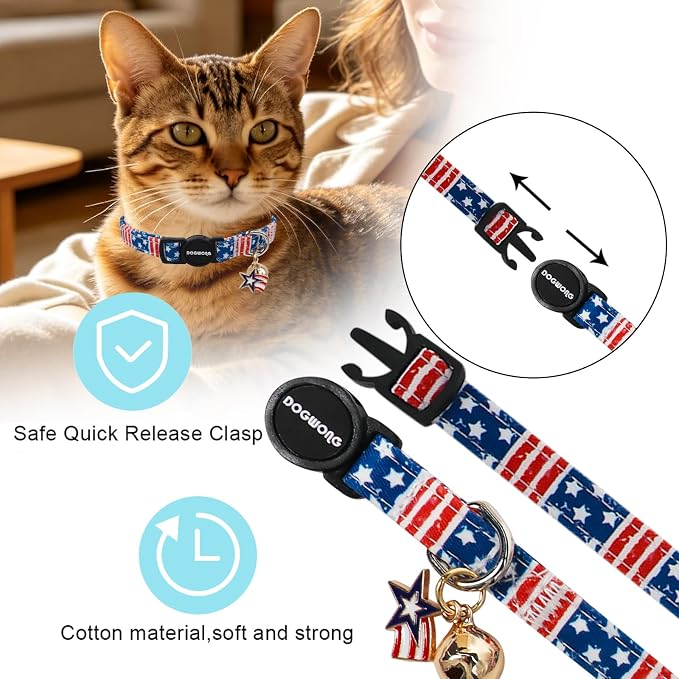 2 Pack Independence Cat Collars,Pink American Flag Cat Collar with Bell Breakaway Adjustable for 4th of July Independence Day，Adjustable Kitten Collar 7-12 Inch