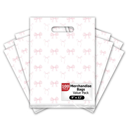 Pro Supply Global Pink Bows Designer Style with Die-Cut Handles, 9"x12" Pack of 100 – Ideal Retail Boutique Merchandise Carriers for Shops, Crafts, Farm Stand, Vendors, Parties, Holiday & Everyday Use