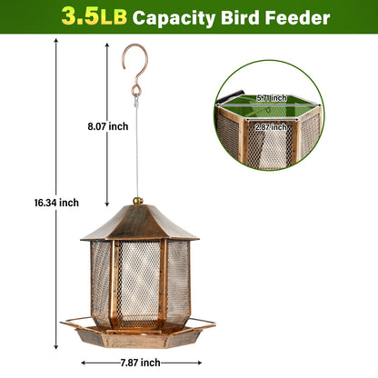 Bird Feeder, Heavy Duty Metal Bird Feeders for Outdoors Hanging, Weather Resistant Wild Bird Feeders for Outside Garden Yard, 3.5LB Seed Capacity, Hexagon Gazebo Style