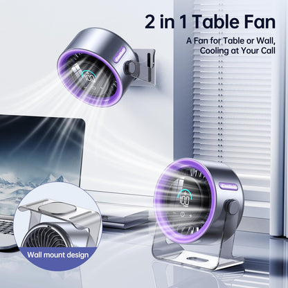 Coolhill USB Desk Fan for Bedroom: 100 Speeds Digital Display Quiet Table Fan with Turbo Airflow, 120° Rotating Small Rechargeable Battery Desktop Fans for Bedroom Home Office (Purple)