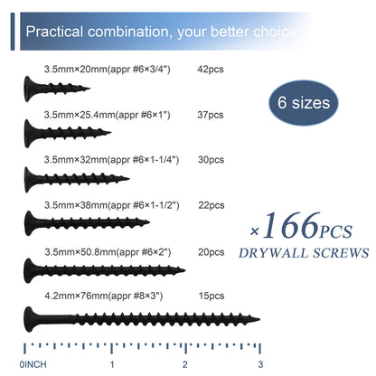 JEGONFRI High Hardness Drywall Screws Assortment Kit, 166 pcs, Coarse Thread, Phillips Drive, Black Wood Screws, Screws Assortment, Screws Set, 6 Sizes (3”,2”,1-1/2”,1-1/4”,1”,3/4”)