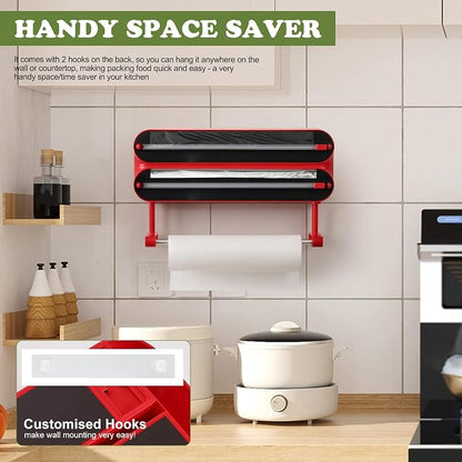Aluminum Foil & Plastic Wrap Dispenser with Cutter - Magnetic & No-Drill Wall Mount, Cling Film Dispenser with Paper Towel Holder, Space-Saving 3-in-1 Kitchen Organizer - Fits 12" Roll, Red
