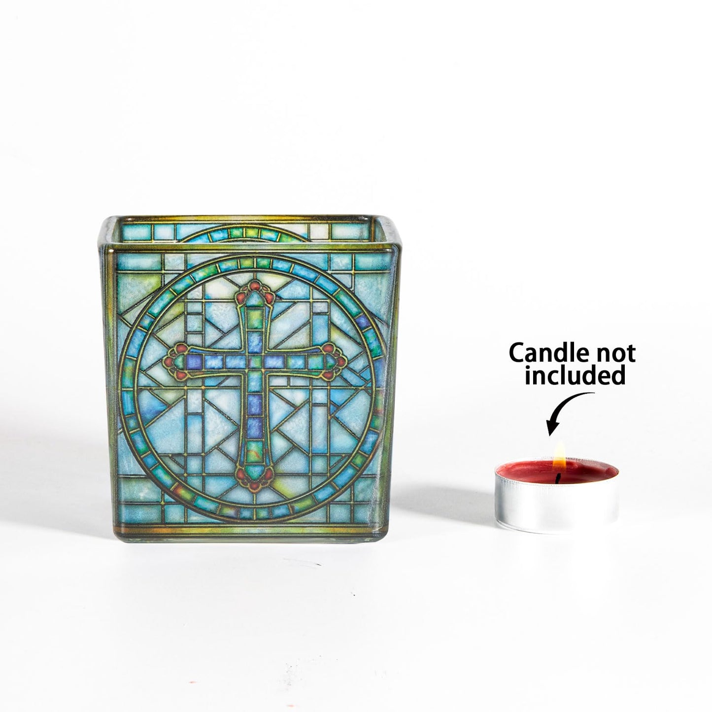 Square Glass Vanity Organizer Religious Cross Altar Ofrenda Qtip Holder Makeup Brush Holder Pen Cup Tealight Candle Holder Table Decor Bronze