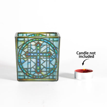 Square Glass Vanity Organizer Religious Cross Altar Ofrenda Qtip Holder Makeup Brush Holder Pen Cup Tealight Candle Holder Table Decor Bronze
